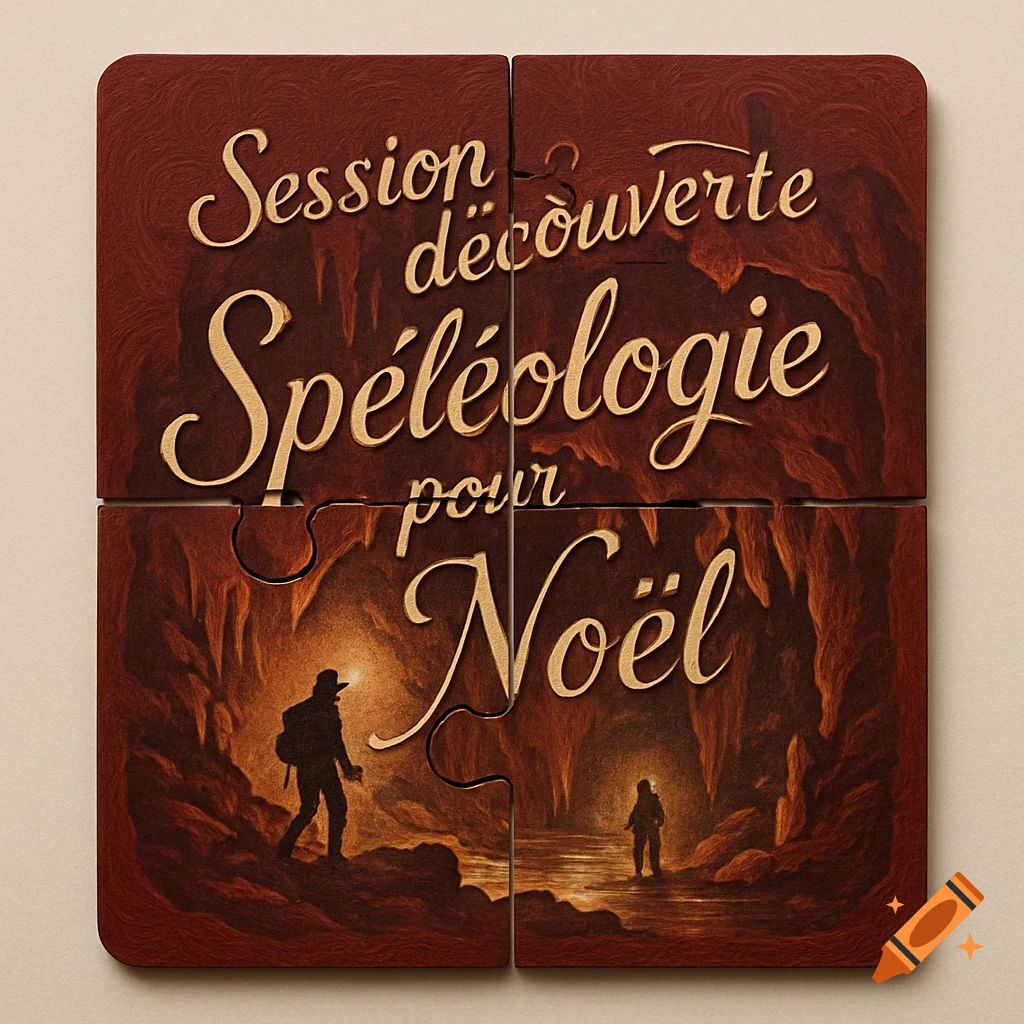 A four-piece puzzle showing a caving scene with two cavers and the text 'Session découverte Spéléologie pour Noël'.