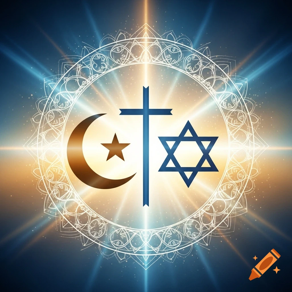 Glowing abstract image combining Islamic crescent and star, Christian cross, and Jewish Star of David within a spiritual mandala.