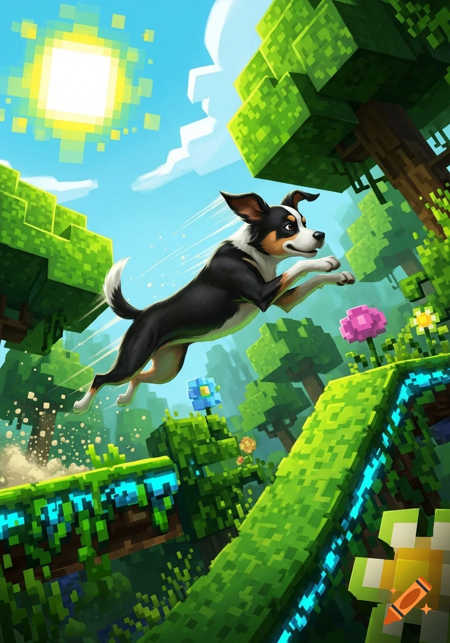 Animated black and white dog jumping through a vibrant, pixelated Minecraft world under a blocky sun.