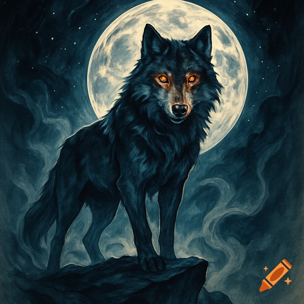 A dark wolf with glowing orange eyes stands on a rock before a large full moon in a mystical night sky, in an illustrative style.