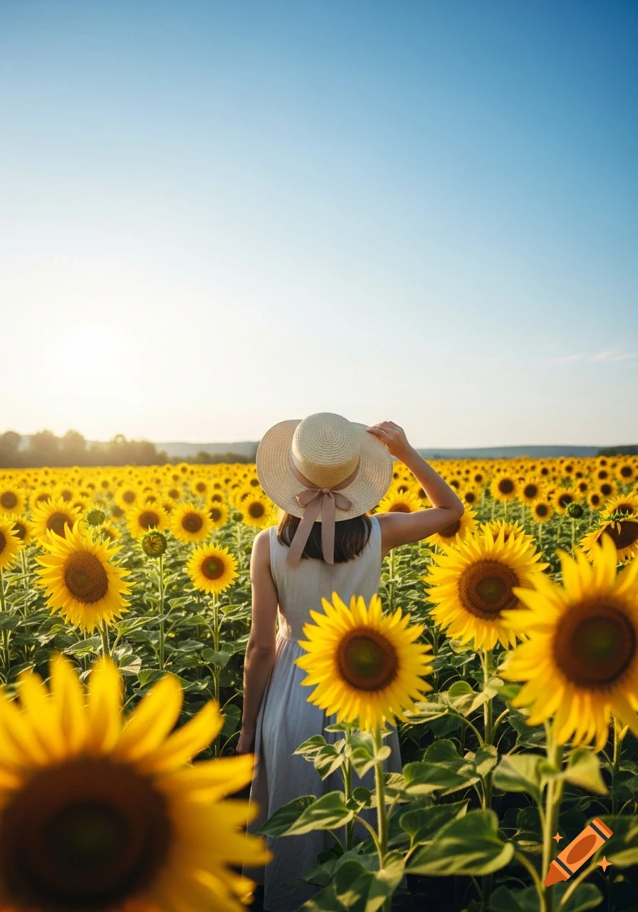 A woman in a straw hat and light dress stands with her back to the camera in a vibrant sunflower field under a clear blue sky.