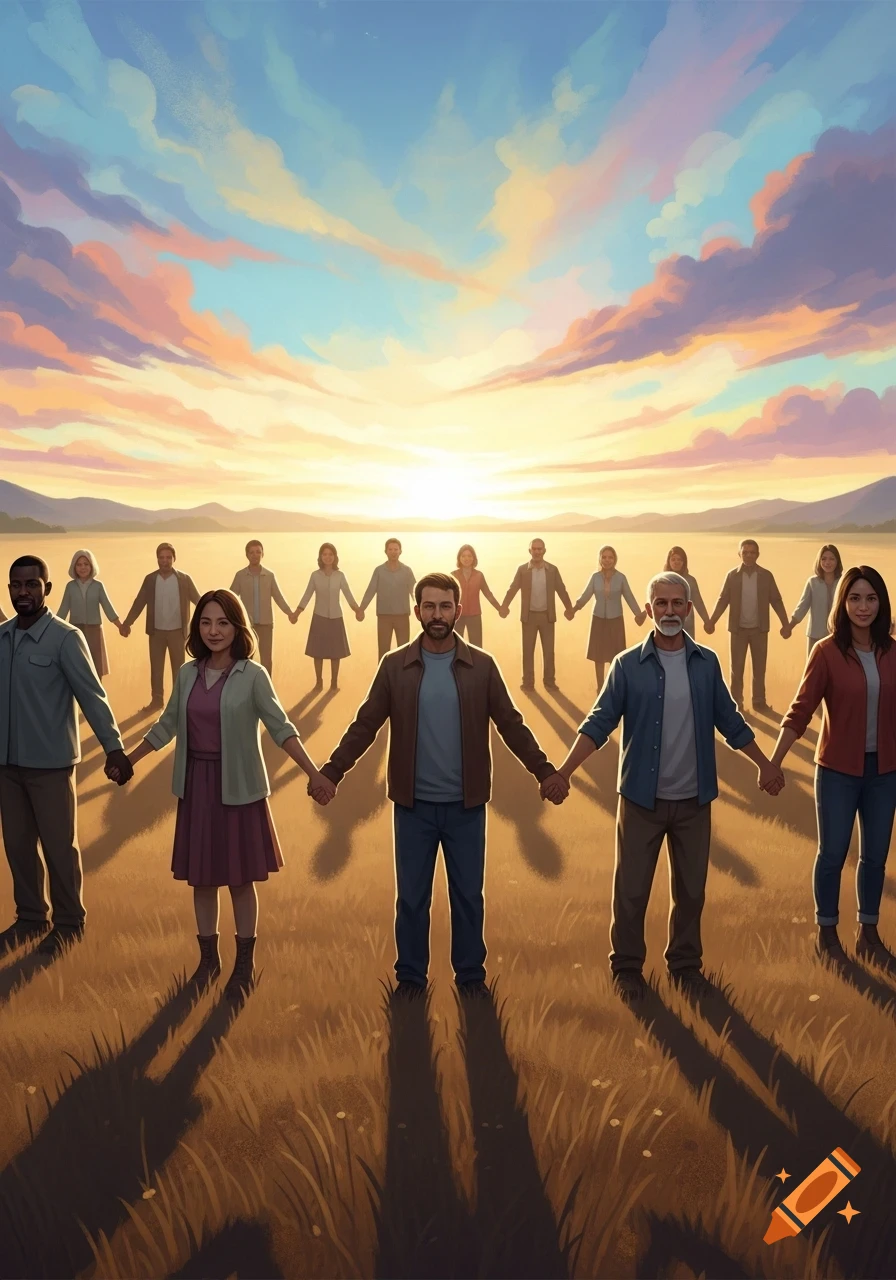 A diverse group of people holding hands, standing in a grassy field under a colorful sunset sky, illustrated.