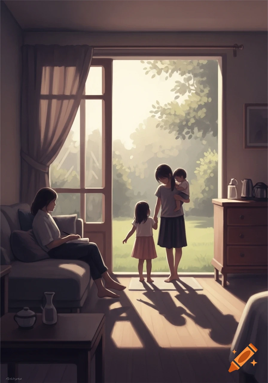 An illustration shows a mother reading on a couch while two children stand by a sunny open door looking outside.