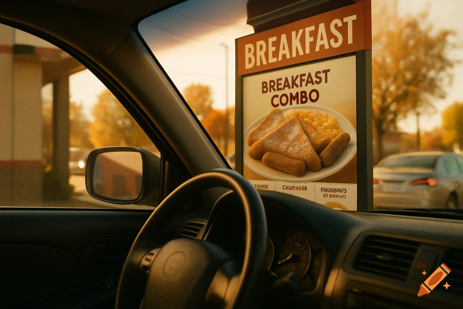 View from inside a car at a drive-thru, showing a breakfast combo menu with French toast and hash browns. Photorealistic style.