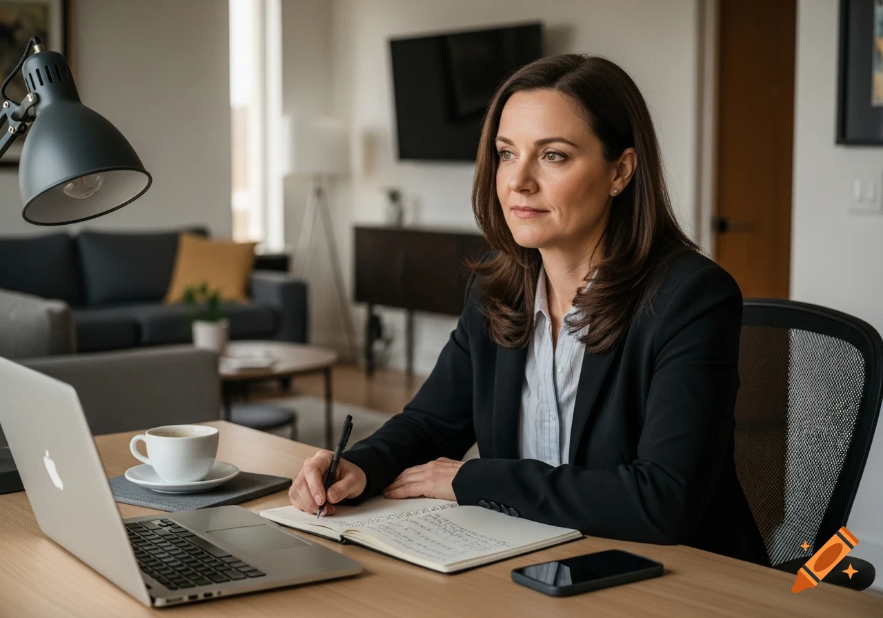 A professional woman in a blazer takes notes in a notebook at a desk with a laptop and coffee in a home office setting.
