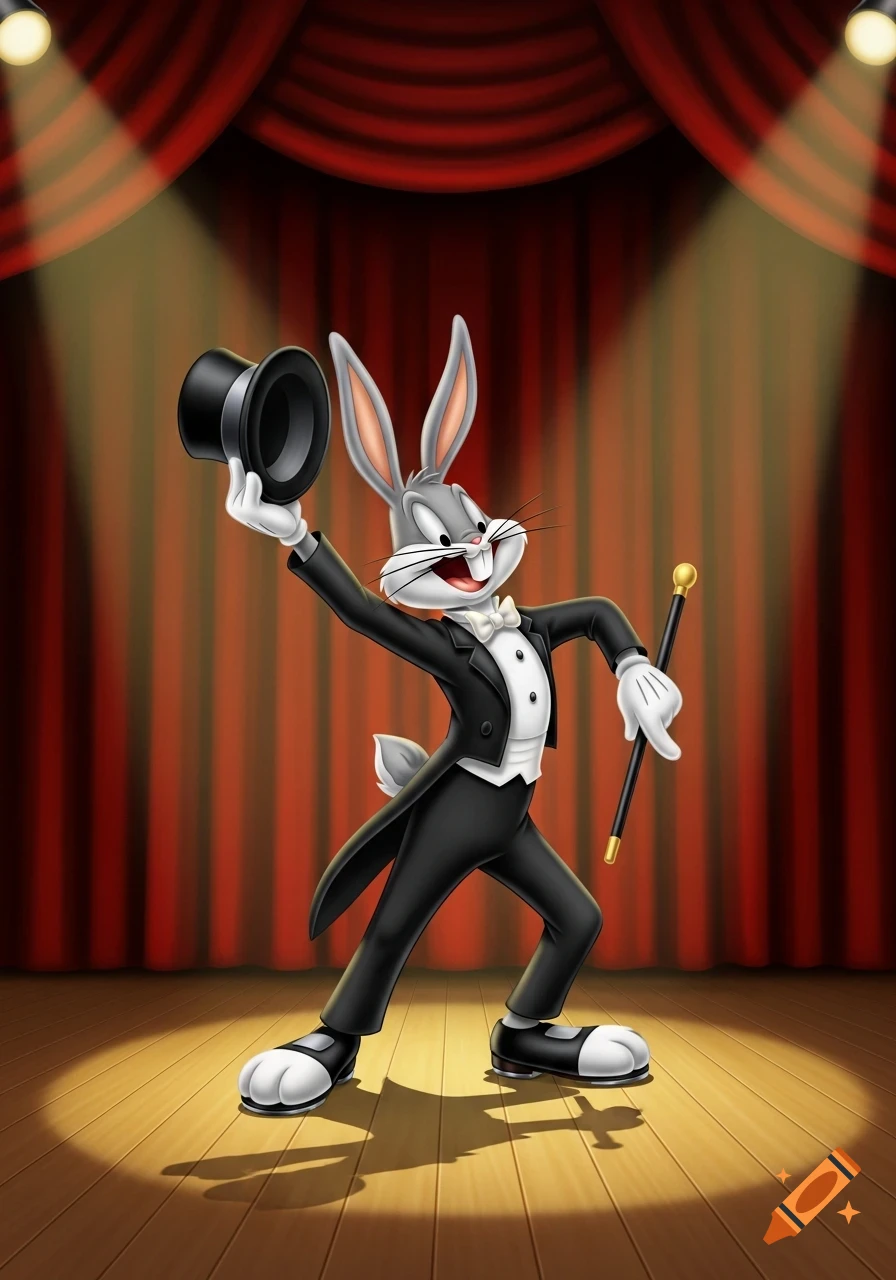 Bugs Bunny in a tuxedo holding a top hat and cane, tap dancing on a spotlighted stage with red curtains.