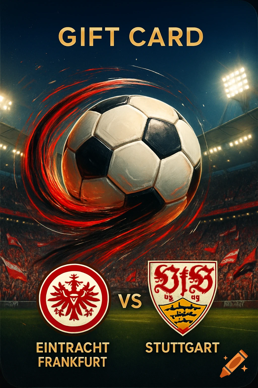 A dynamic soccer gift card with a soccer ball swirling above a stadium. Features 'GIFT CARD' text and logos for Eintracht Frankfurt and Stuttgart.