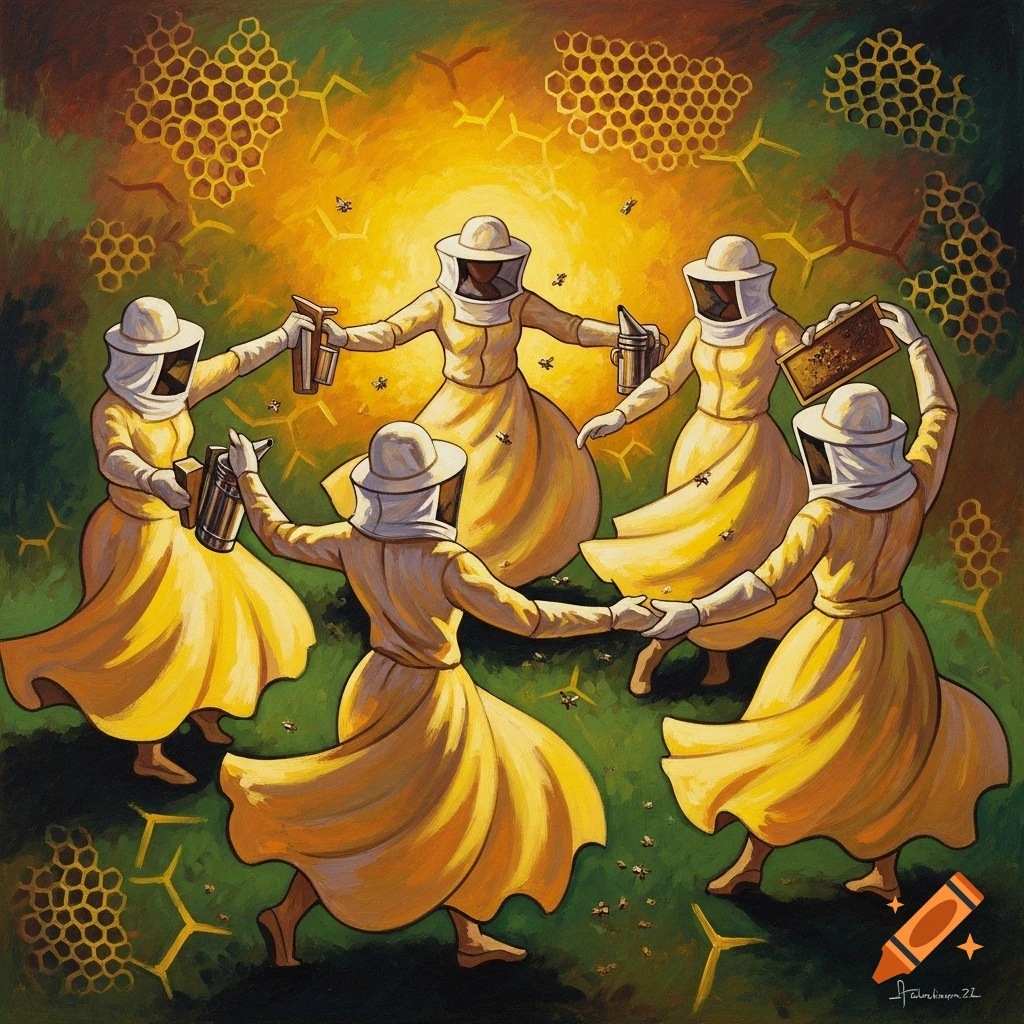 A painterly image of five beekeepers in yellow suits and white veils dancing in a circle, surrounded by bees and honeycomb patterns.