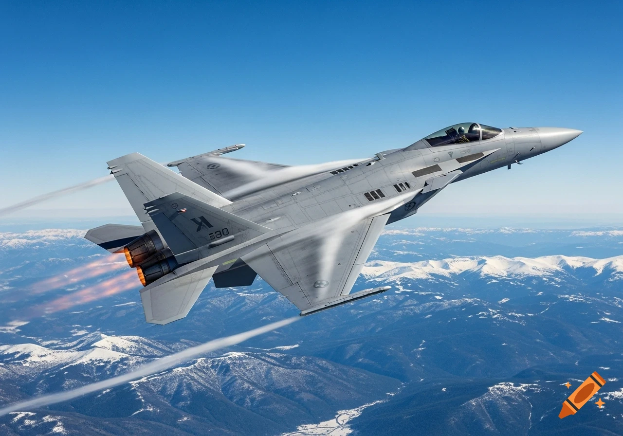 A gray fighter jet with afterburners flying over snow-capped mountains under a clear blue sky, photorealistic.
