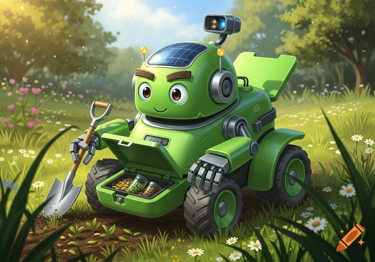A cute, green robot with solar panels and a shovel-like hand stands in a sunny garden, with an open compartment revealing seed jars.