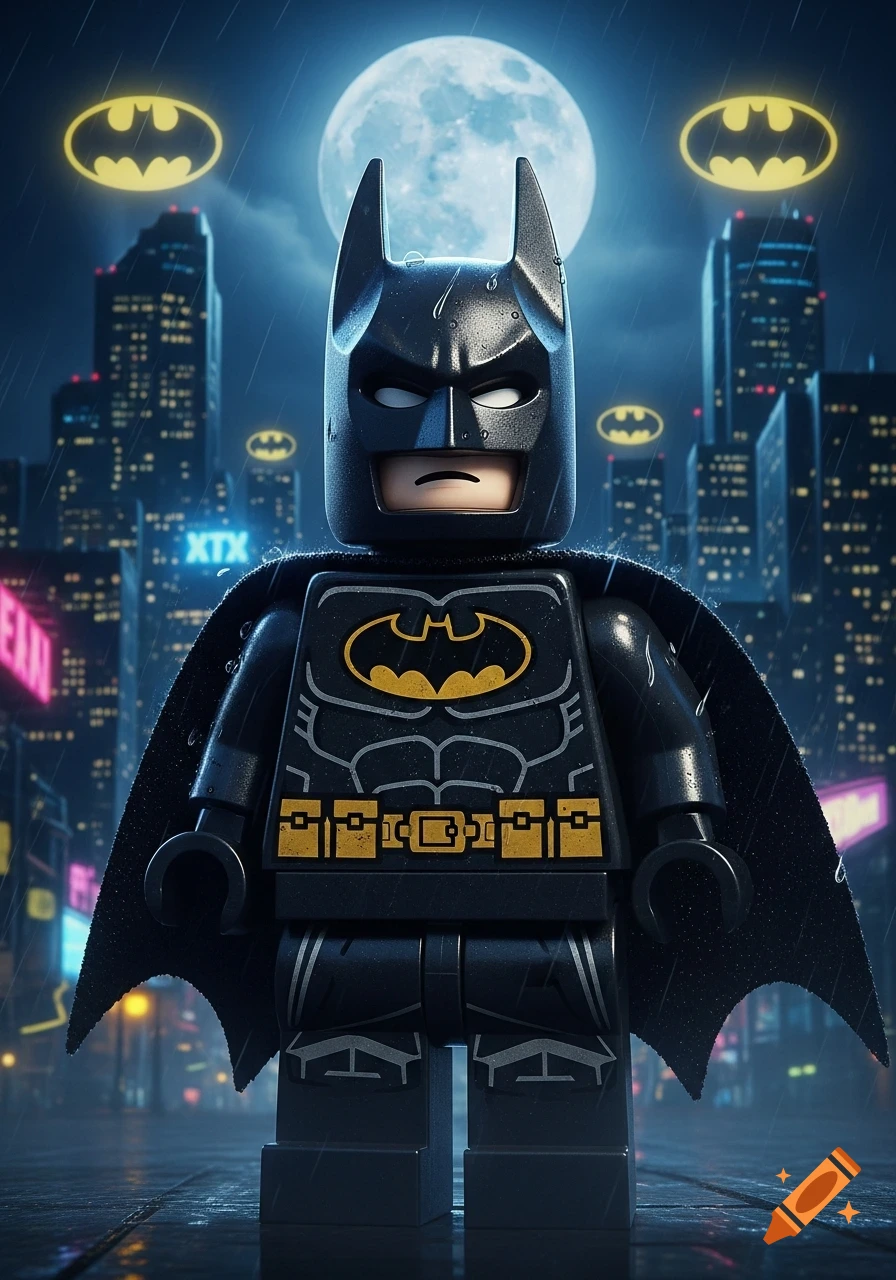 A Lego Batman minifigure stands in a rainy city at night under a full moon, with glowing Batman symbols in the sky.