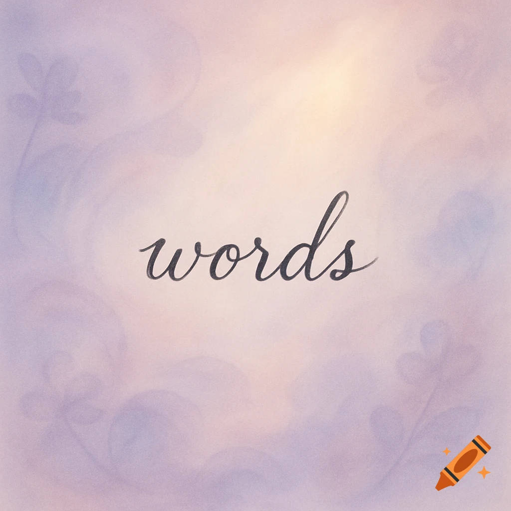 The word 'words' in elegant script on a soft pastel watercolor background with subtle floral motifs.