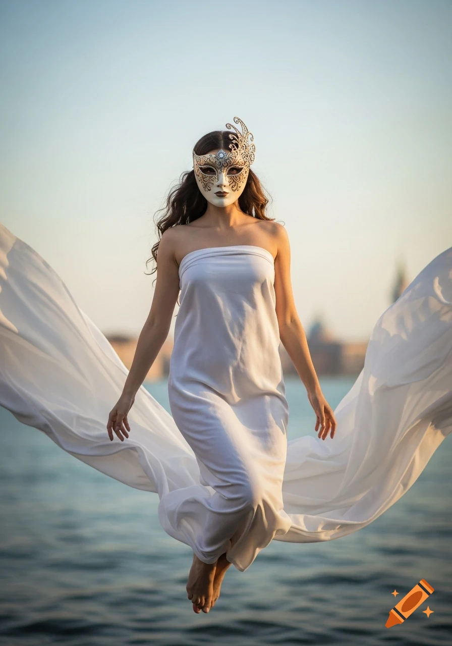 Photorealistic image of a woman in a white dress and Venetian mask floating over blue water.