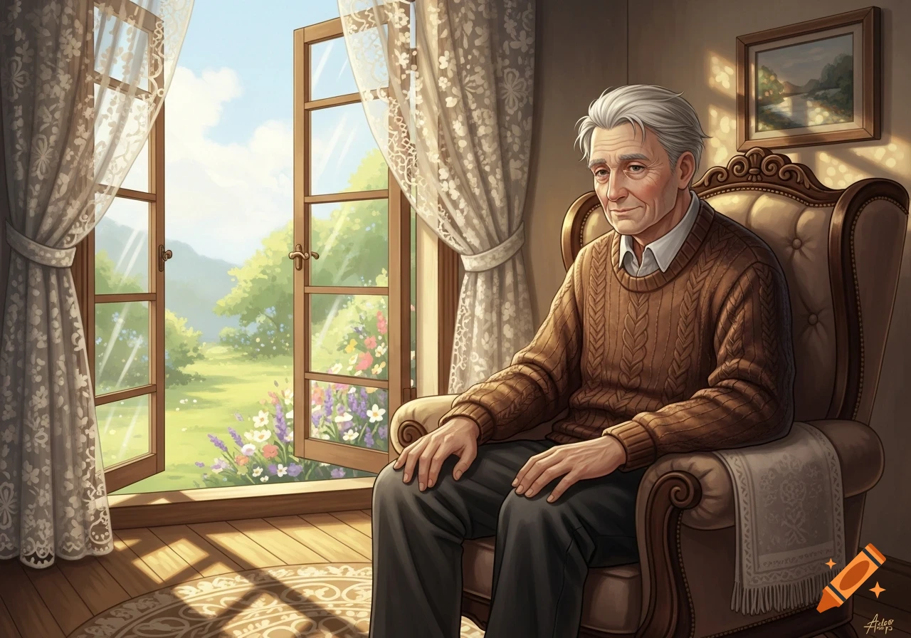 An old man with grey hair sits in a brown armchair by an open window overlooking a sunny green garden with flowers.
