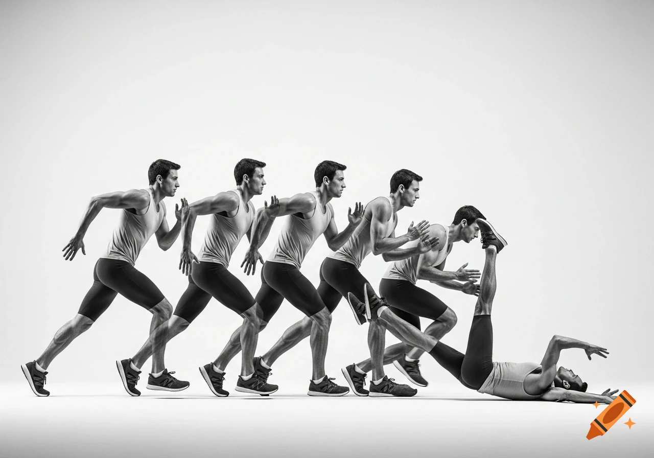 A black and white chronophotography sequence shows a man running, then falling, against a white background.