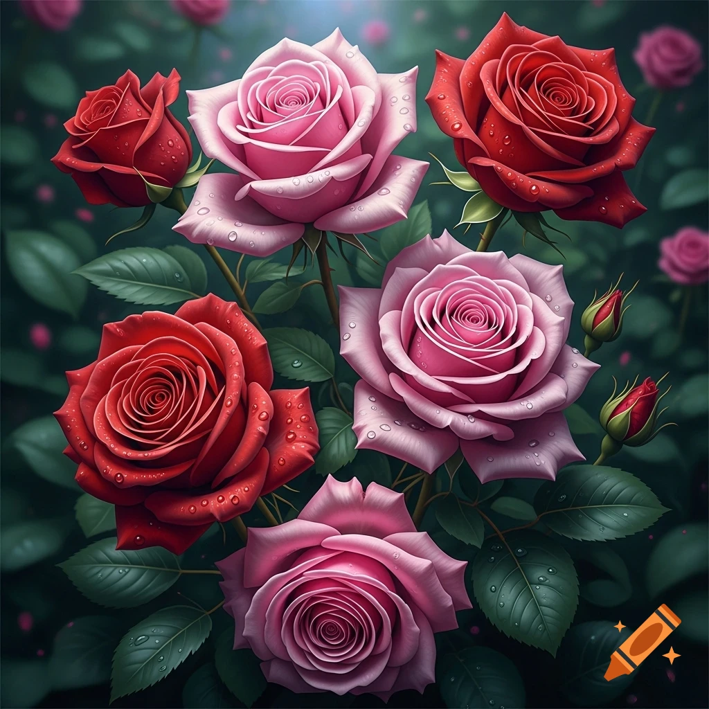 Close-up of vibrant red and pink roses with water droplets on their petals and green leaves.