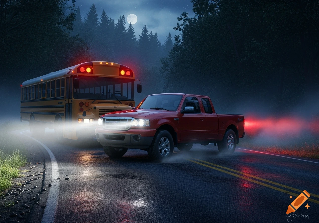 A red pickup truck passes a yellow school bus on a dark, foggy forest road under a full moon at night. Photorealistic.