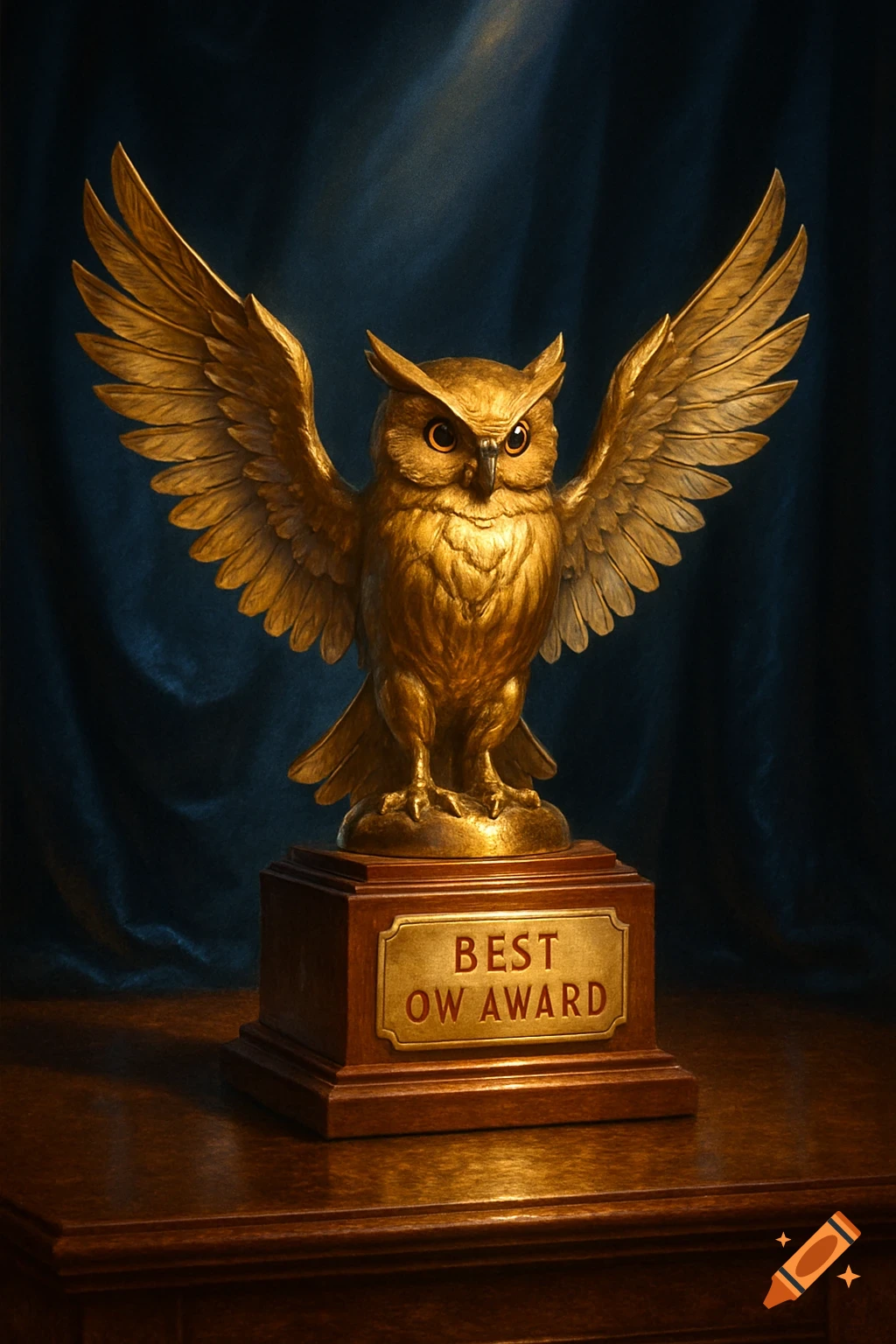 A golden owl trophy with outstretched wings on a wooden base, against a dark blue background. The plaque reads "BEST OW AWARD".