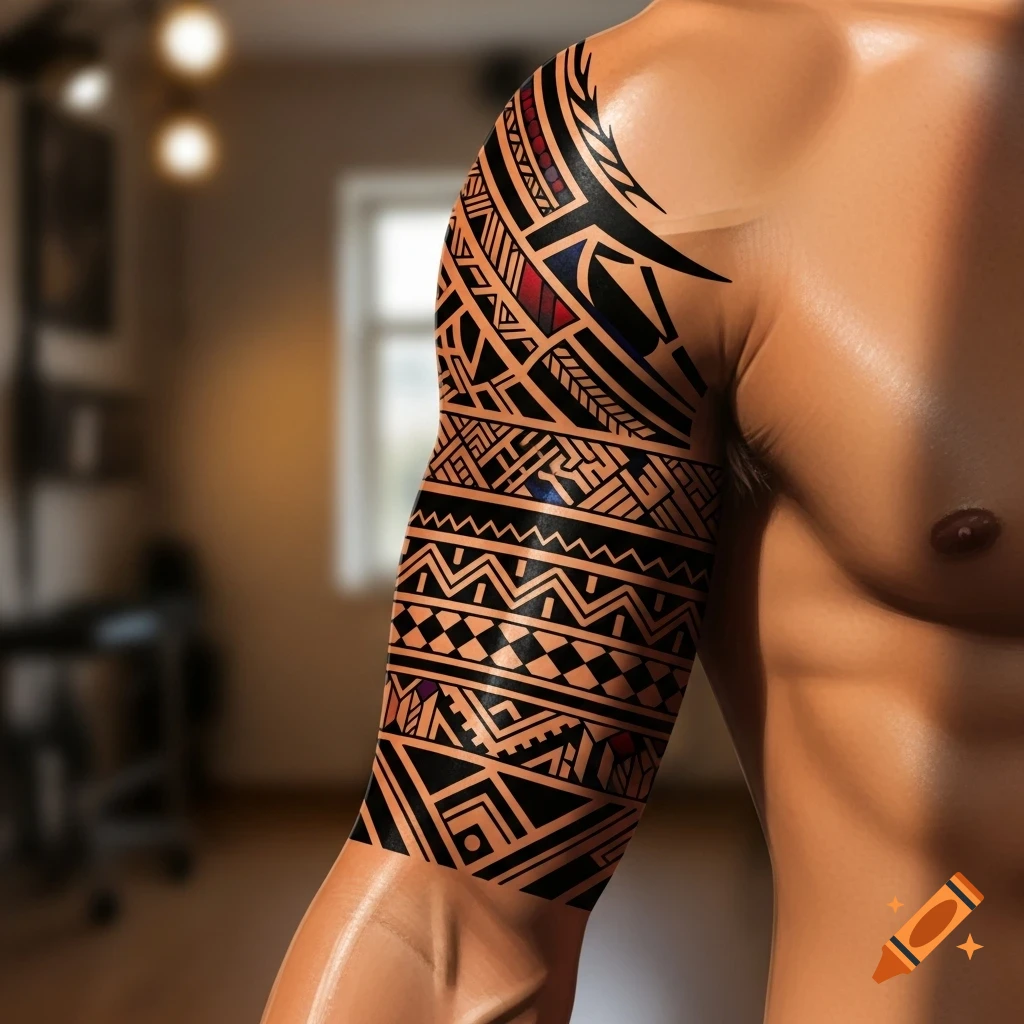 Close-up of a man's torso and arm showcasing a full tribal sleeve tattoo with intricate black and red geometric patterns against blurred indoor background.