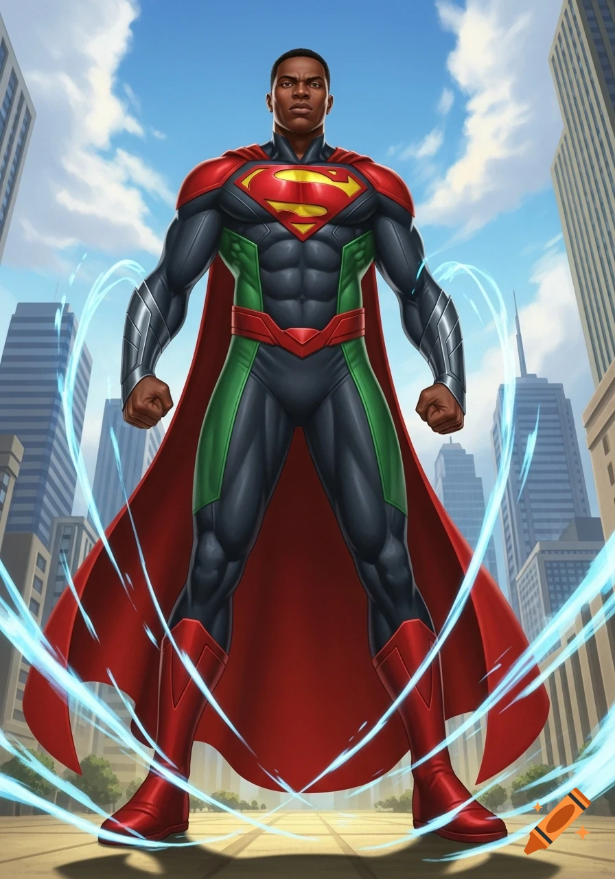 A comic book illustration of a Black man in a black, red, and green Superman suit, standing powerfully in a city with blue energy around his legs.