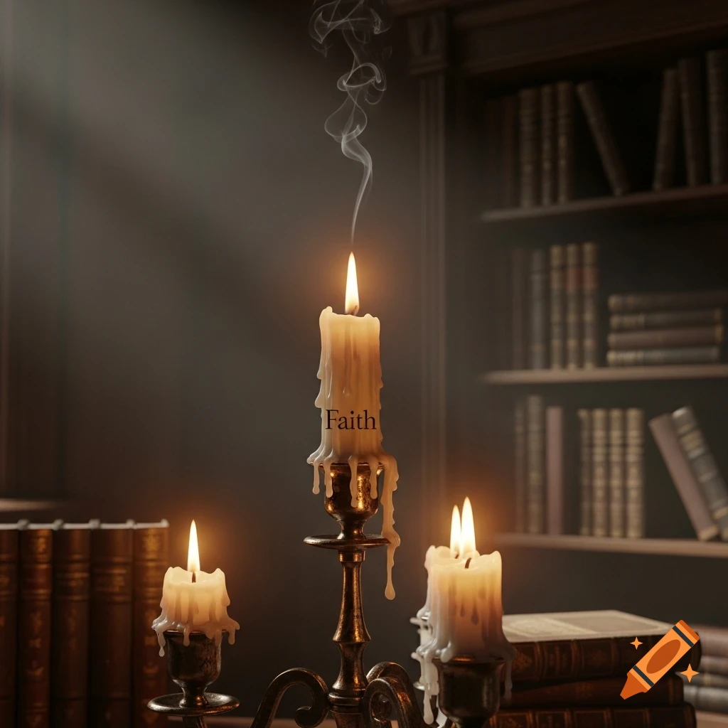 Three glowing, melting candles, one labeled 'Faith', on a brass candelabra in a dim, book-filled library.