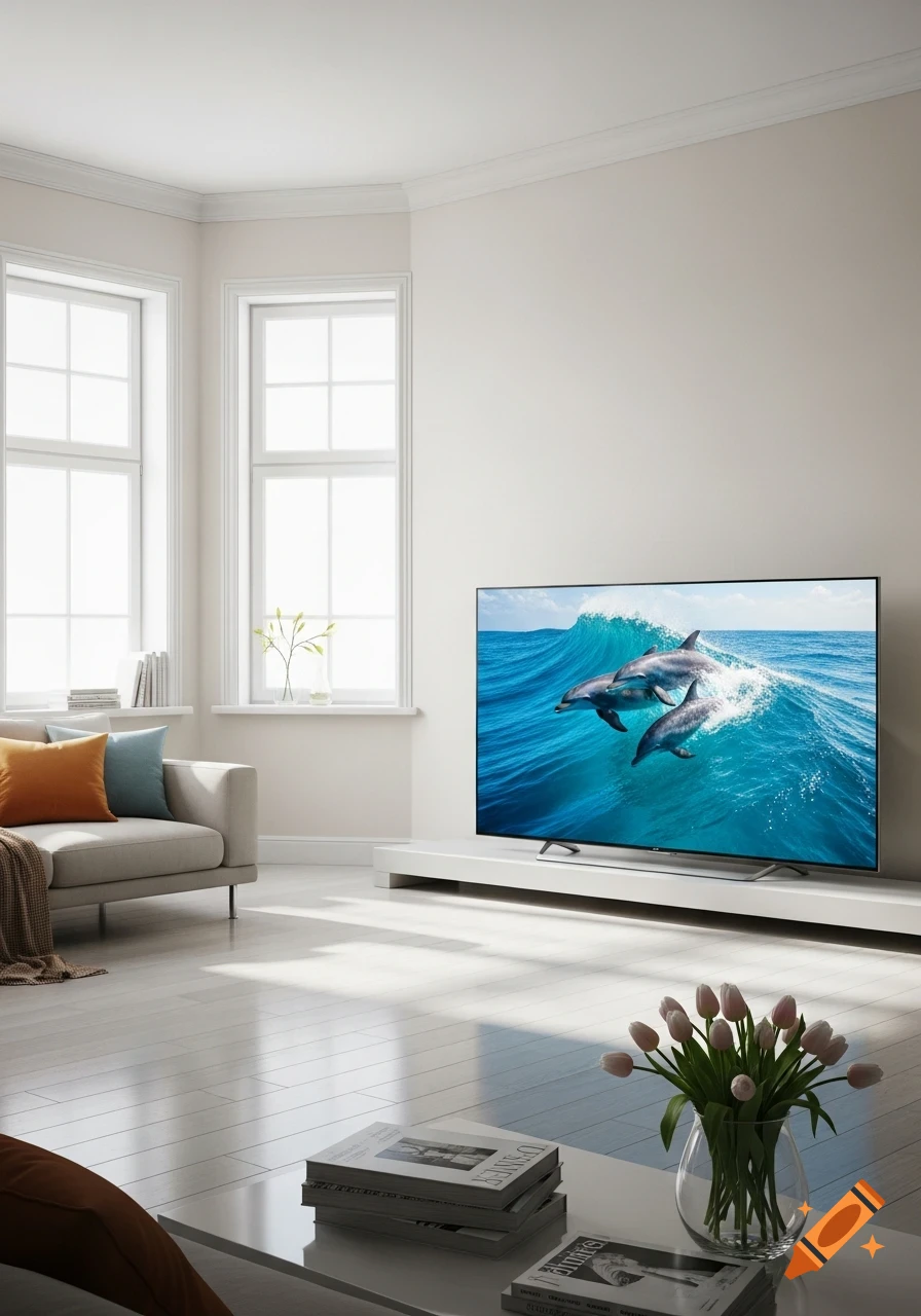 A bright, modern living room with a large TV displaying dolphins leaping out of ocean waves, a sofa, and a coffee table with flowers.