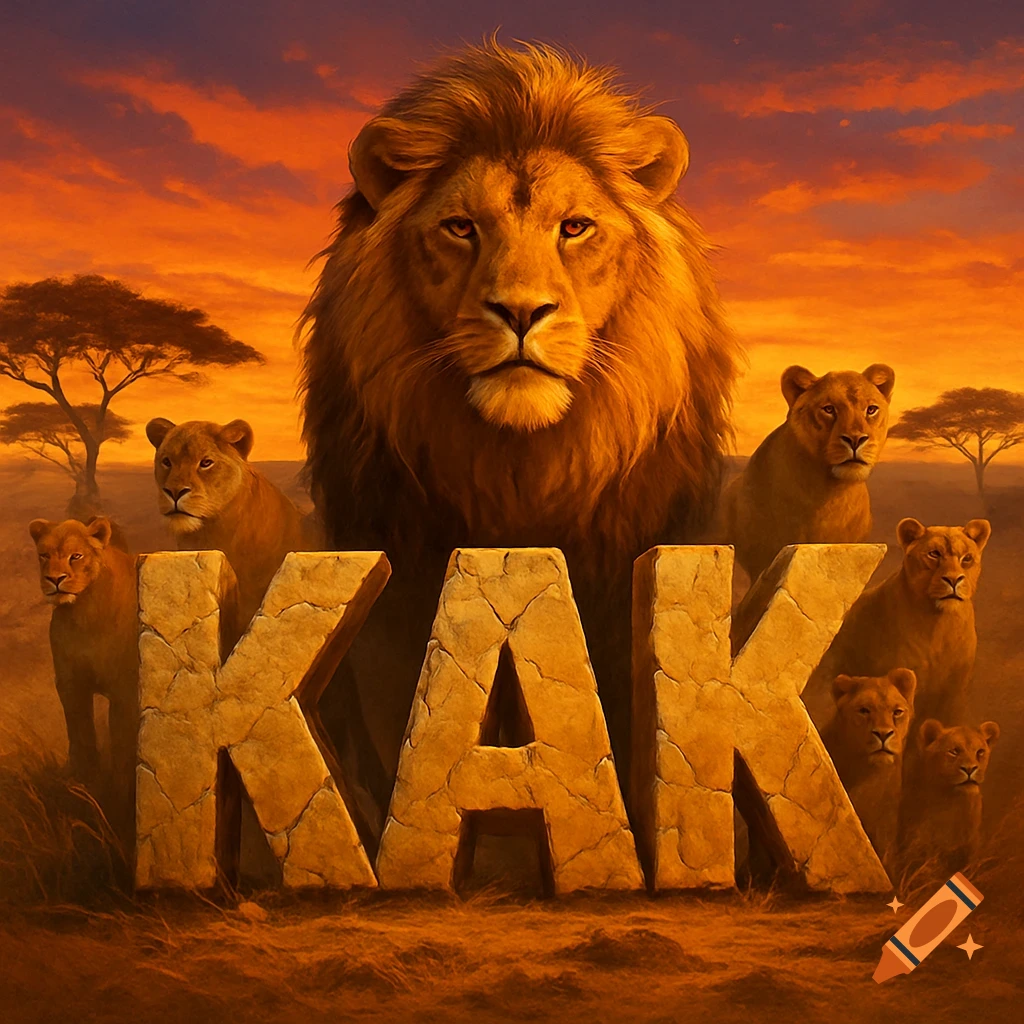 Majestic lion and lionesses stand behind large rocky 'KAK' text in a savanna at sunset.