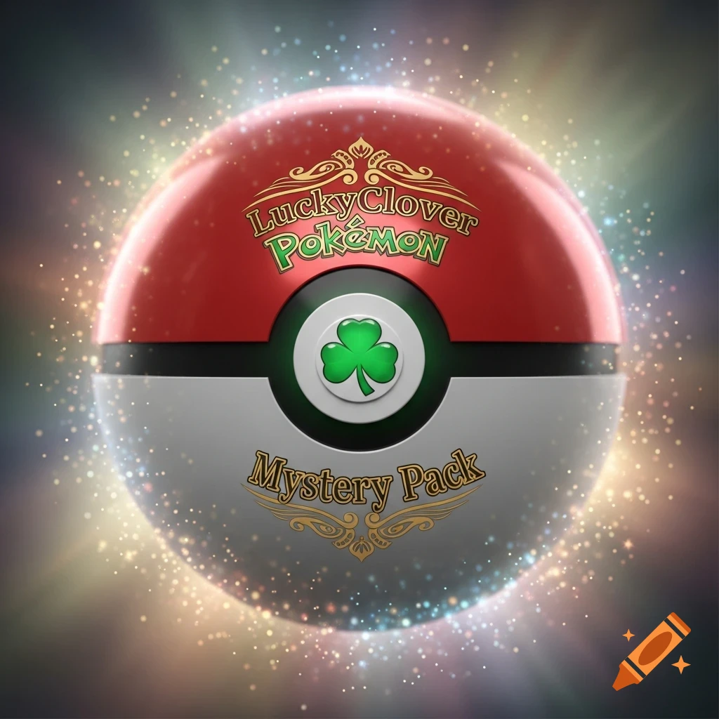 A red and white Pokeball with a green clover, 'LuckyClover Pokémon Mystery Pack' text, and sparkling lights.