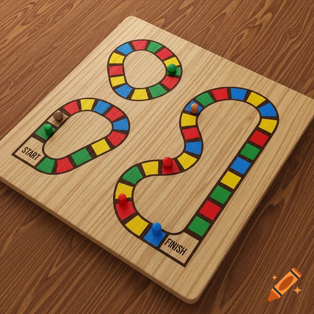 A square wooden game board with red, blue, yellow, and green squares forming paths, marked with START and FINISH. Game pieces are on the board.