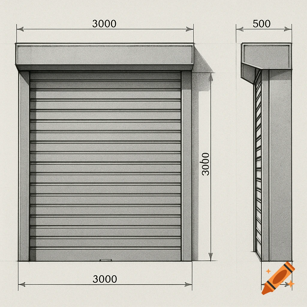 Orthographic drawing of grey industrial shuttered doors, front and side views with dimensions.