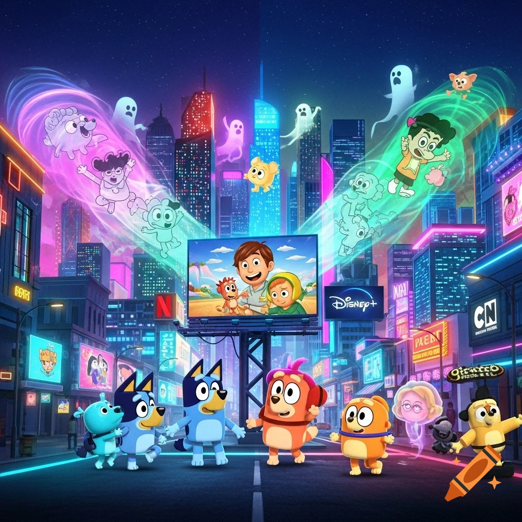 Animated cartoon characters from various shows like Bluey stand in a vibrant, neon-lit city at night, with a large billboard displaying another animated scene and streaming service logos like Disney+ and CN.