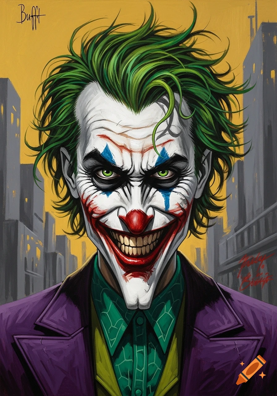 A stylized painting of the Joker's grinning face with green hair, white makeup, and a red smile, wearing a purple jacket against a city backdrop.