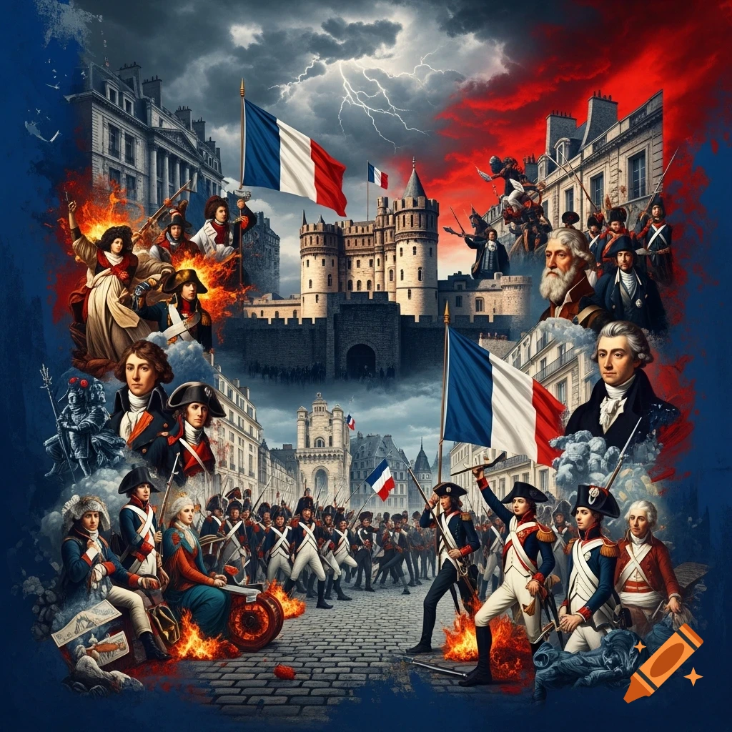 Artistic collage of the French Revolution, featuring soldiers, historical figures, buildings, and French flags amidst a stormy, fiery backdrop.