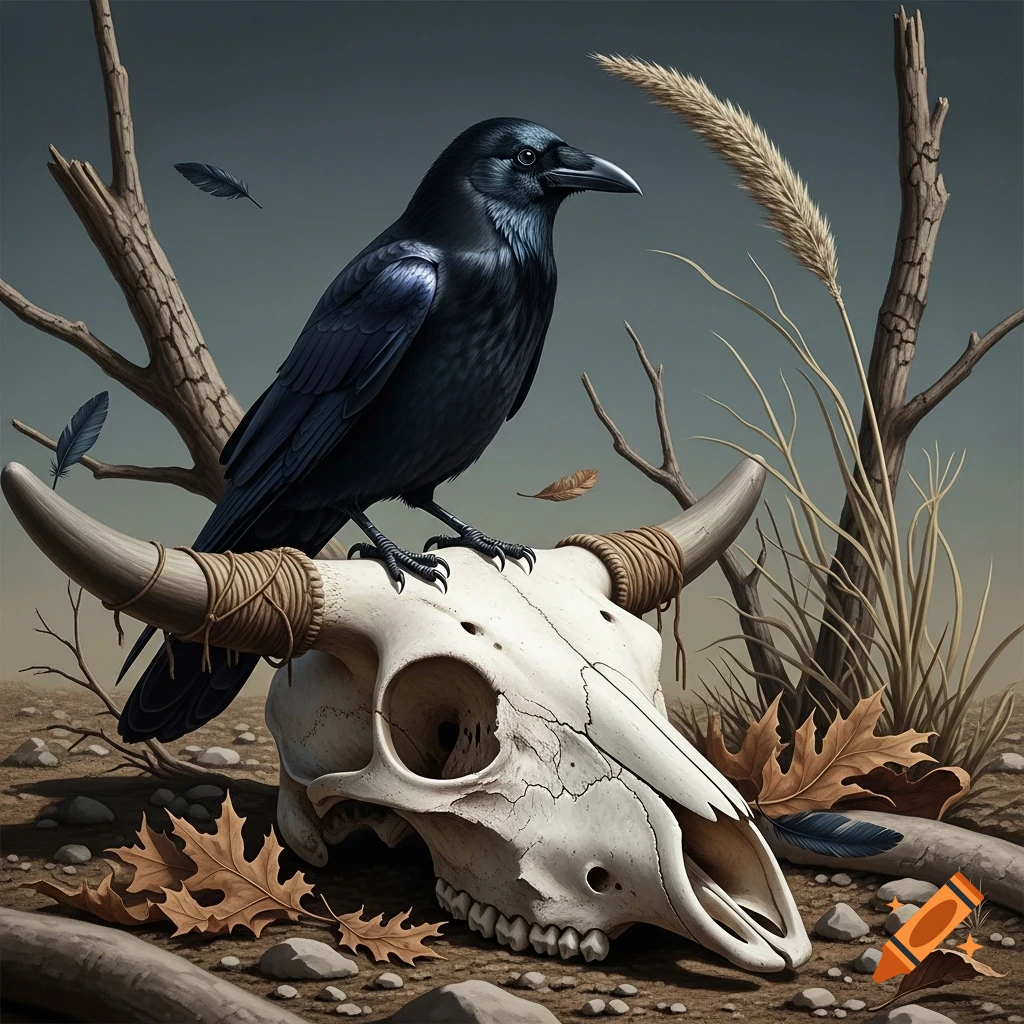 A black crow perches on a weathered bull skull, surrounded by dry leaves and branches in a muted, natural landscape.