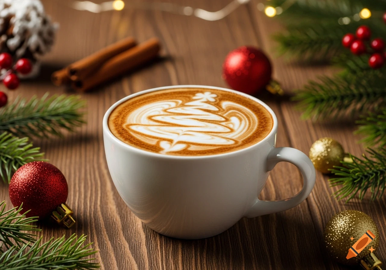 A white mug with Christmas tree latte art on a wooden table, surrounded by pine branches, berries, and ornaments.