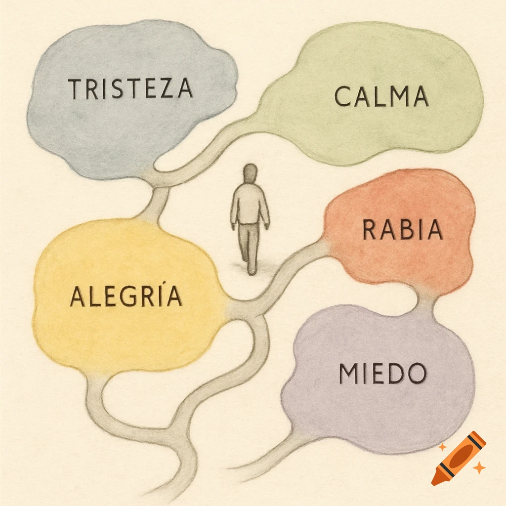 Hand-drawn illustration of an emotional map with zones for Tristeza, Calma, Alegr ia, Rabia, Miedo, and a figure walking paths between them.
