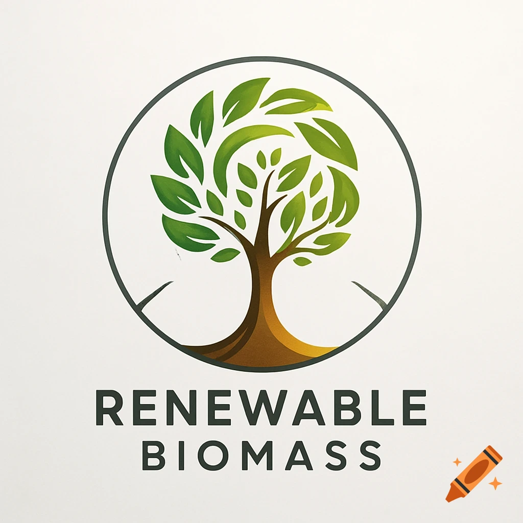 Logo with a stylized green tree inside a circle, text 'RENEWABLE BIOMASS' below.