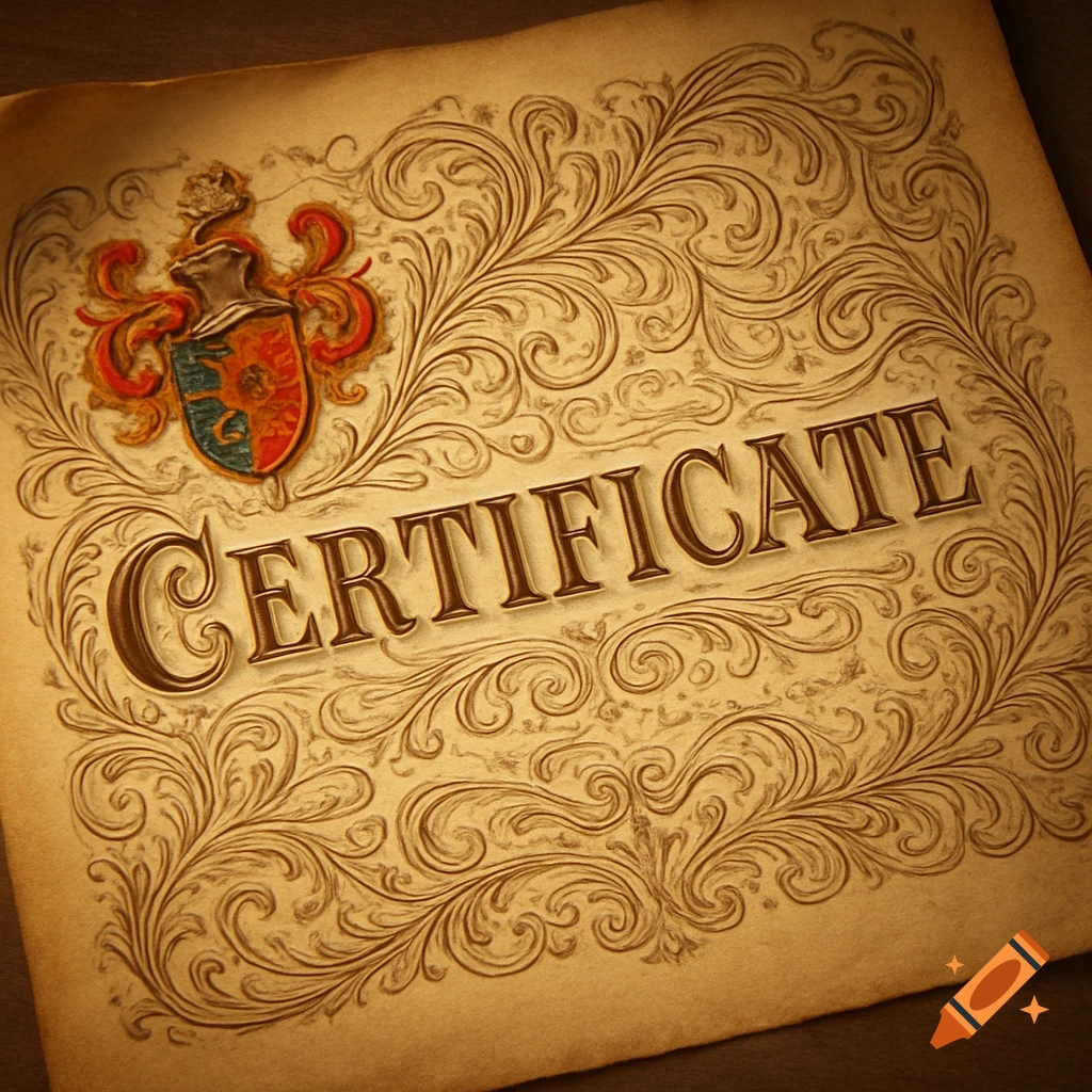 A vintage, ornate certificate with an embossed gold design and a colorful crest, featuring the word "CERTIFICATE" in bold.