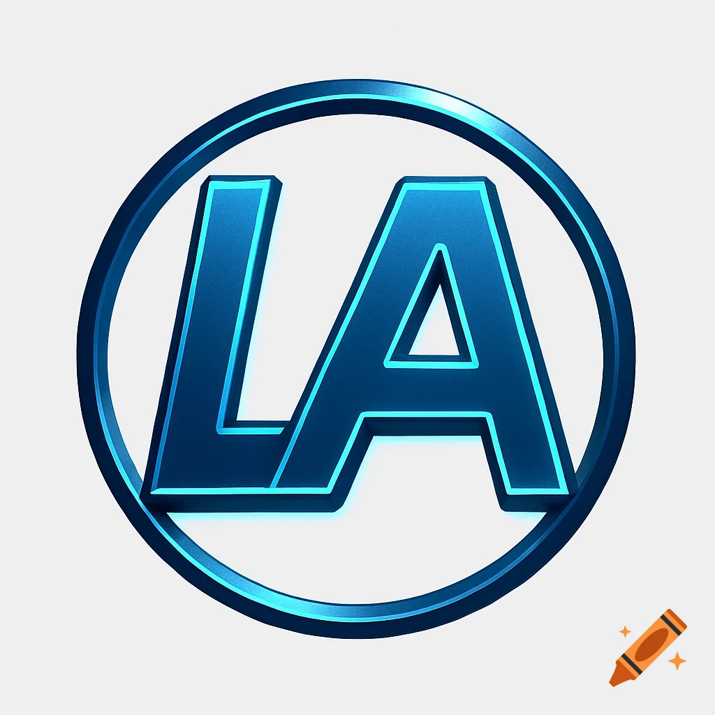A blue metallic logo with the letters LA inside a circle, featuring a glowing outline.