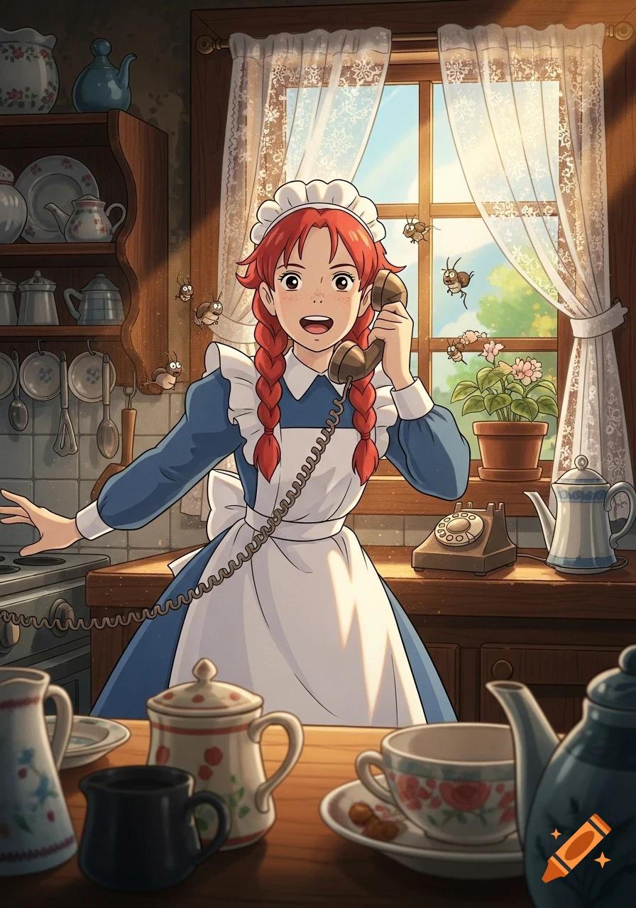 A red-haired maid in Studio Ghibli style talks on an old telephone in a sunny kitchen, surrounded by insects.