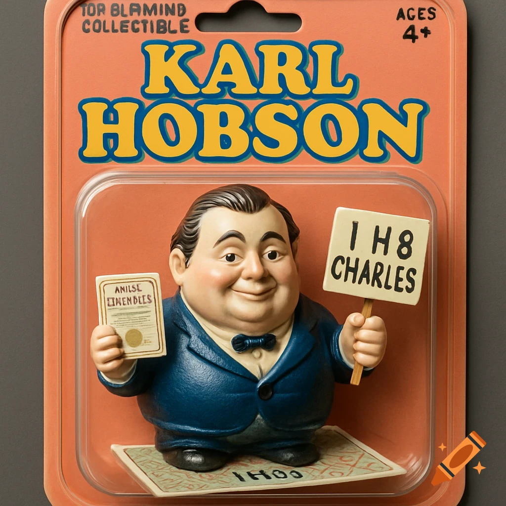 An overweight figure toy named Karl Hobson in a retro blister pack. The toy holds a certificate and a sign saying "I H8 CHARLES", standing on a map.