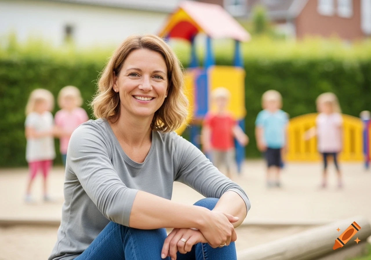 Smiling blonde woman in grey t-shirt and jeans sitting at a sunny outdoor playground with blurred children playing. Photorealistic.