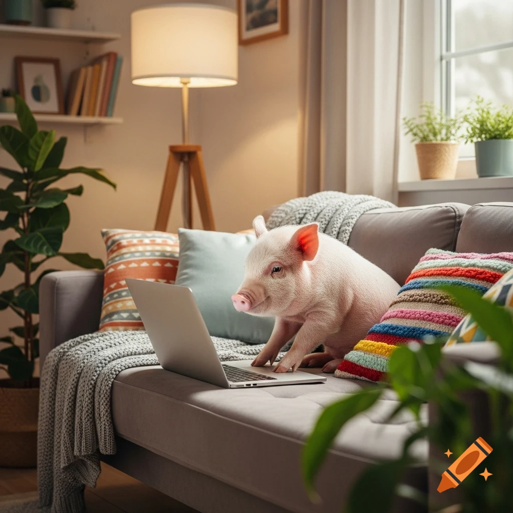 A photorealistic piglet sits on a gray sofa, looking at a laptop in a cozy living room.