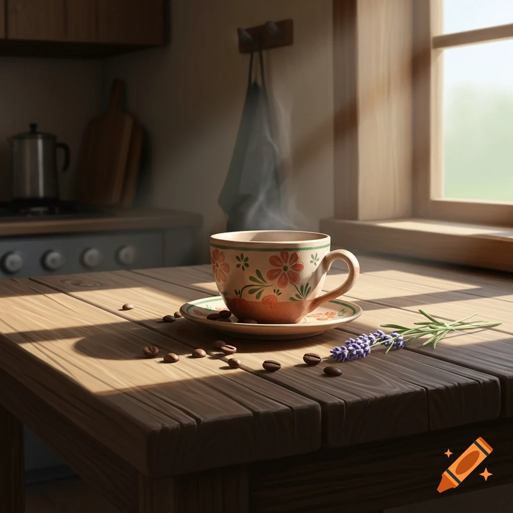 A steaming floral cup with coffee beans and lavender sprigs on a sunlit wooden kitchen table, with a window in the background.