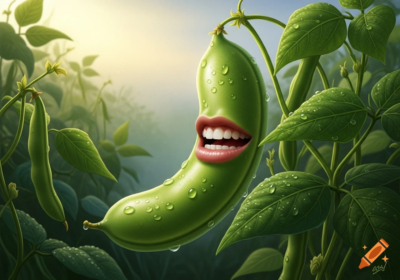 Photorealistic green bean with human lips and teeth on a vine, covered in water droplets, with a blurry sunny natural background.