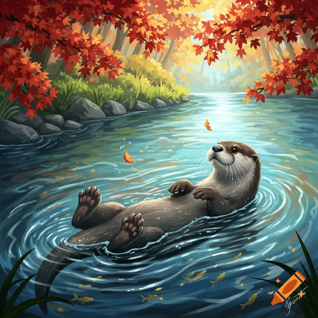 An illustration of a cute otter floating on its back in a river, surrounded by vibrant autumn leaves.