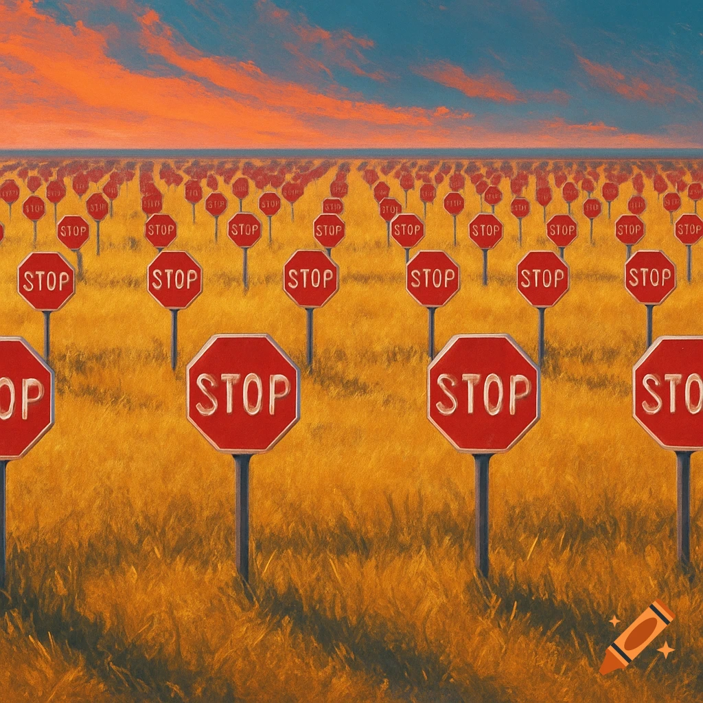 A surreal field filled with numerous red stop signs under a dramatic orange and blue sky, in a painterly style.