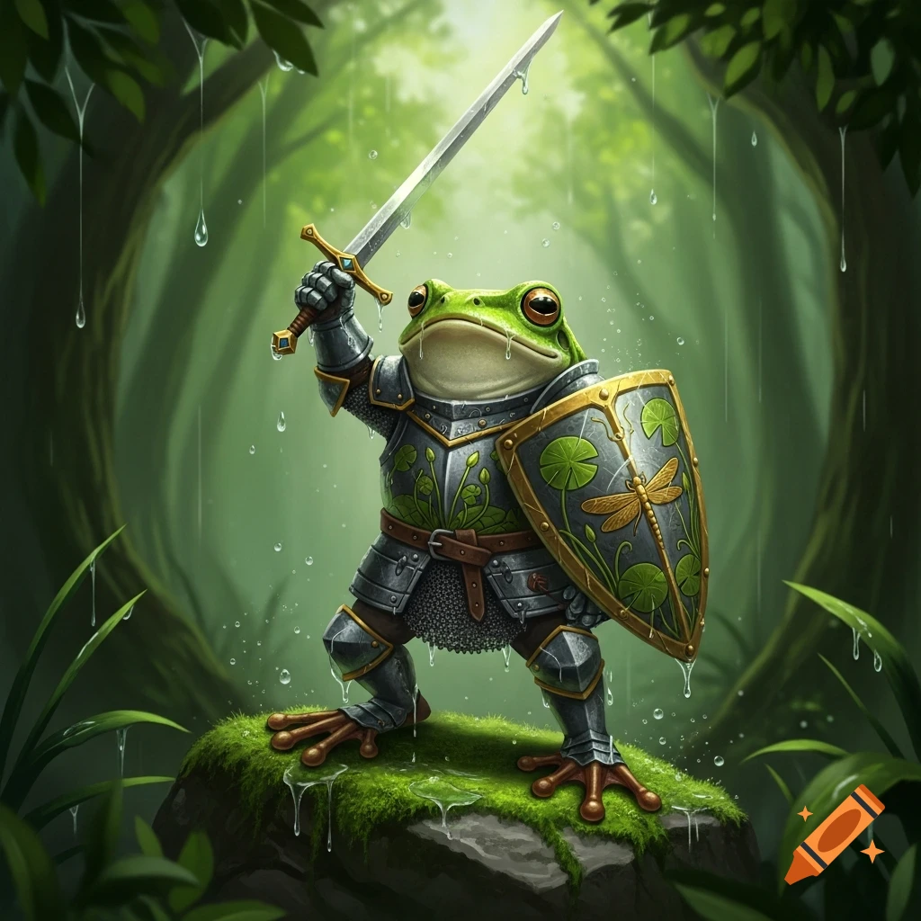 A frog knight in elaborate armor with a shield featuring a dragonfly, holding a sword up in a rainy, lush forest.