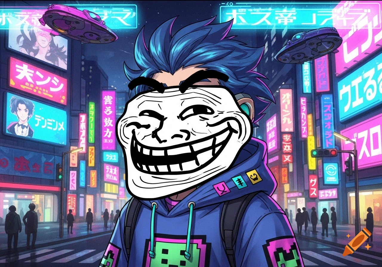 A troll face superimposed on a blue-haired anime character in a hoodie, standing in a vibrant neon cyberpunk city street at night with flying saucers.