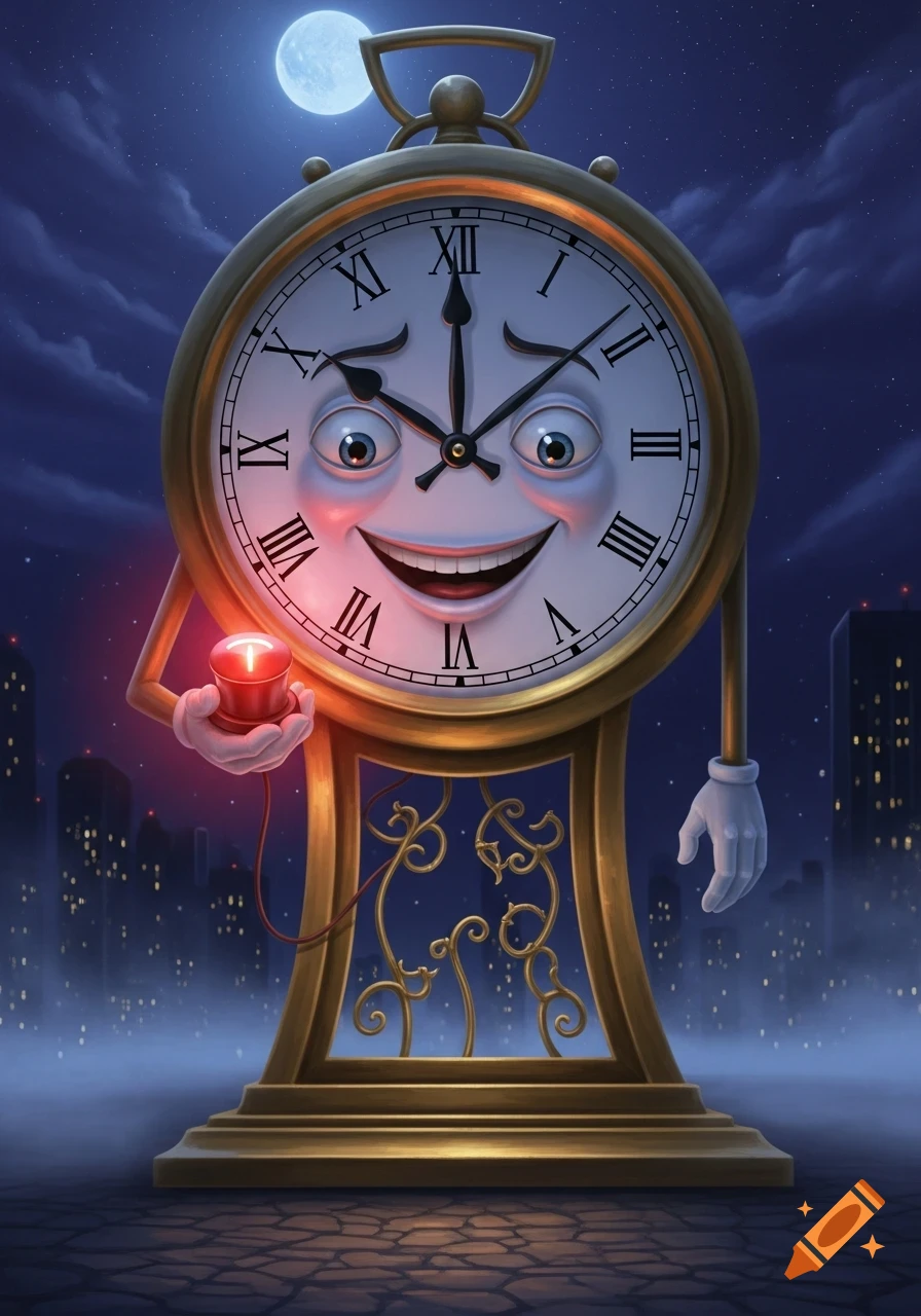 A whimsical, smiling cartoon grandfather clock stands in a city at night under a full moon, holding a red buzzer.